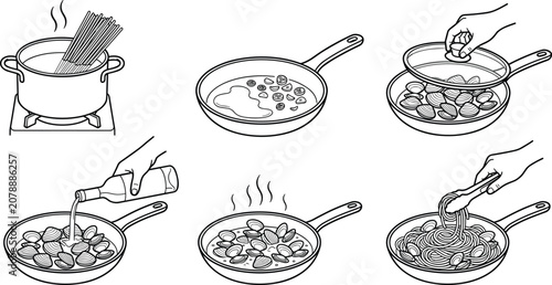 Obraz na płótnie Cooking Process Icon Set for Spaghetti alle Vongole Recipe Steps with Boiling Pa