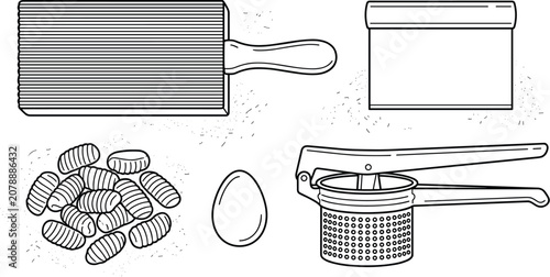 Foto Italian Gnocchi Pasta Making Tools and Ingredients Vector Set with Gnocchi Board