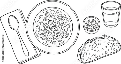 Tableau sur toile Italian Minestrone Vegetable Soup Dinner Vector Set with Hearty Bowl Spoon on Na