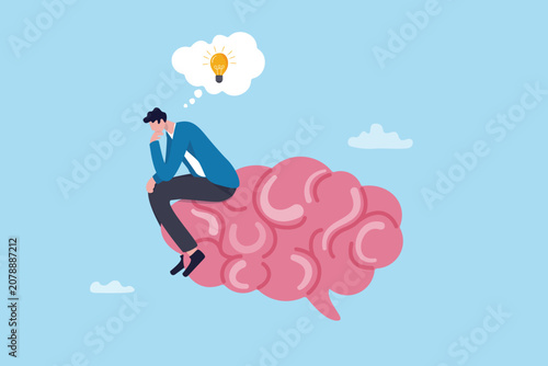 Thinker creativity or imagination to get solution to solve problem, intelligence, knowledge or wisdom, genius cognition to learning new thing, businessman thinker thinking on brain get lightbulb idea.