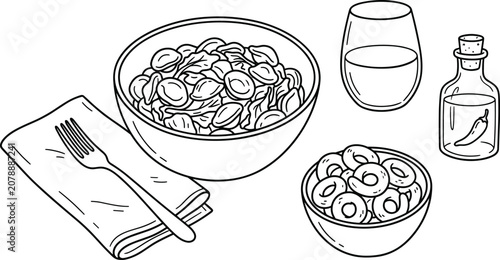 Fotografia Italian Orecchiette Pasta Bowl Dinner Vector Set with Taralli Snack Water Glass