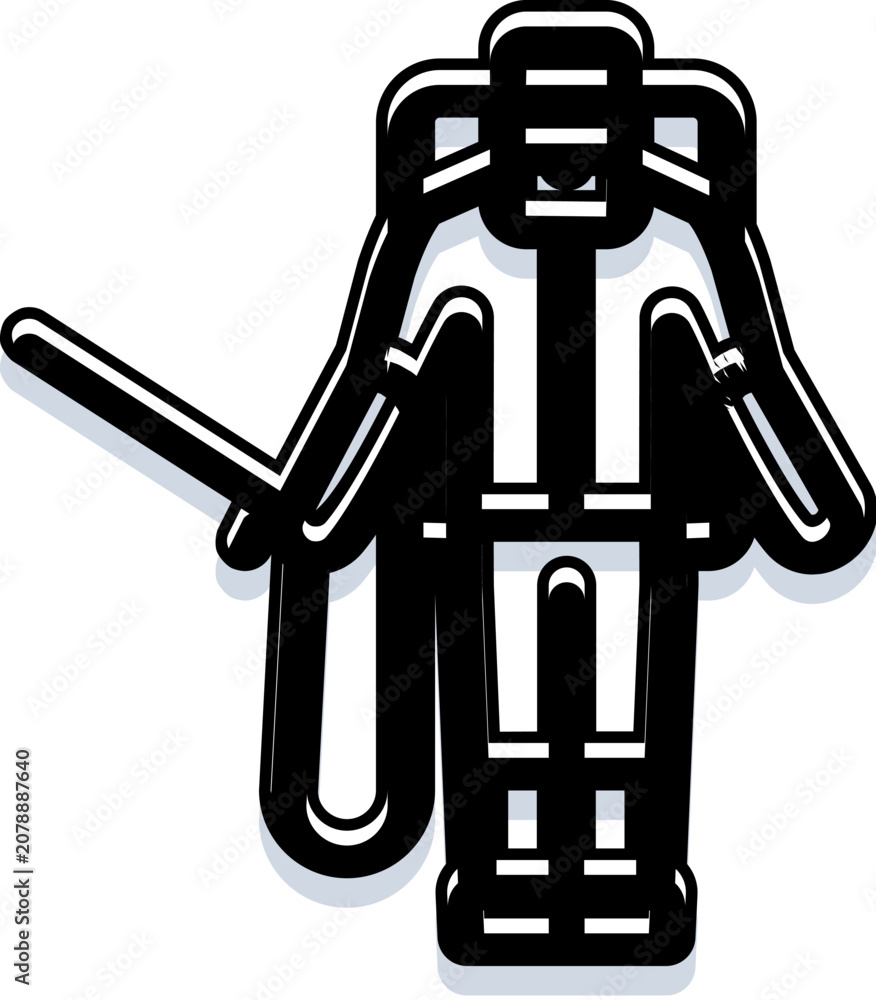 Fototapeta premium Robotic humanoid holding a staff, symbolizing automation, artificial intelligence and future technology, monochrome silhouette conveying industrial, mechanical innovation and defense