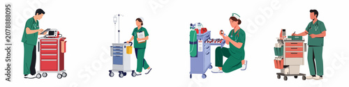 Flat vector illustration set of diverse medical professionals in green scrubs working with hospital emergency crash carts, isolated on white background.