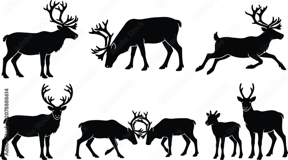 Fototapeta premium Reindeer Deer Silhouette Icon Set with Standing, Grazing, Running, and Antler Poses for Wildlife and Christmas Design Projects