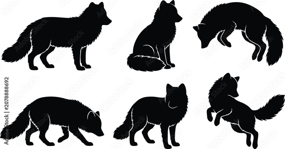 Fototapeta premium Fox Silhouette Icon Set with Standing, Sitting, Walking, and Jumping Poses for Wildlife and Animal Design Projects