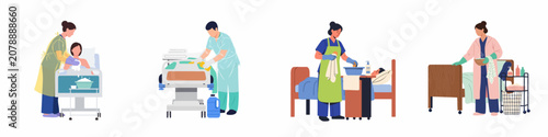 Billede på lærred Set of flat illustrations showing healthcare professionals providing bed bath, personal hygiene, and bed-making services to patients in medical facilities