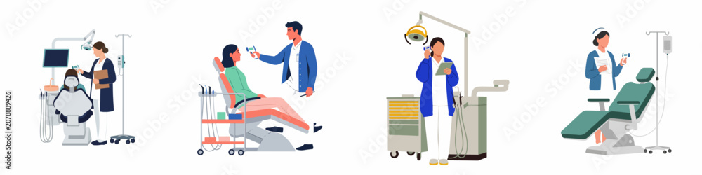 Fototapeta premium Dental Professionals Measuring Patient Temperatures Using Infrared Thermometers in Various Clinical Settings, Vector Illustration Set.