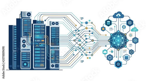Digital server rack towers connected to a complex glowing neural network hub illustrating big data processing and cloud computing infrastructure