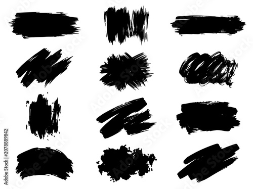 Paintbrush strokes icon set with rough black brush textures on white background, artistic grunge design for creative layout and branding