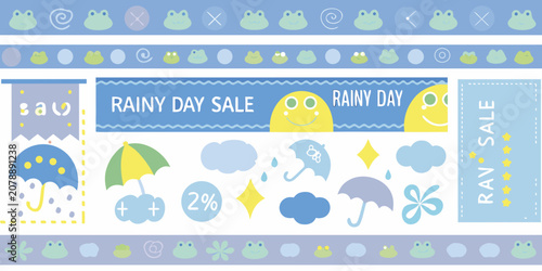 Bild auf Leinwand Rainy day sale promotional design with frogs and weather elements vector illustr