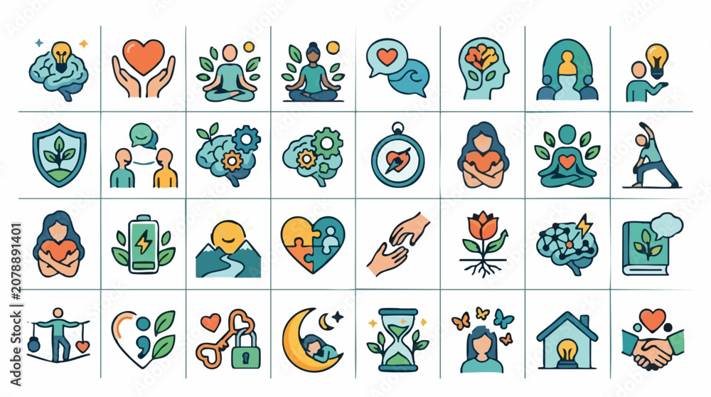 Fototapeta premium Mental Health and Wellness Line Icons Set for Self-Care and Well-being