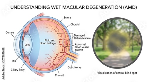 Anatomical diagram of wet macular degeneration eye condition with vision loss