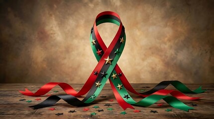 Symbolic red black and green ribbons with stars on a rustic wooden background representing unity and heritage