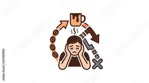 Bilde på lerret Caffeine dependency cycle and exhausted man with coffee