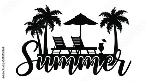 Summer silhouette icon featuring deckchairs umbrellas palm trees