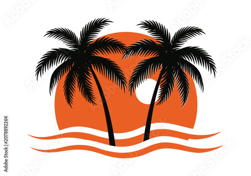 Palmtree icon vector graphic featuring sunset and rolling waves