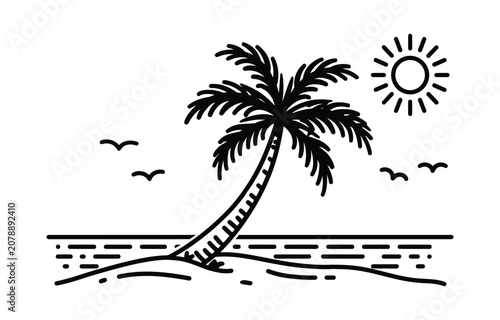 Palmtree drawing lineart beach scene with palmtree tropical vacation
