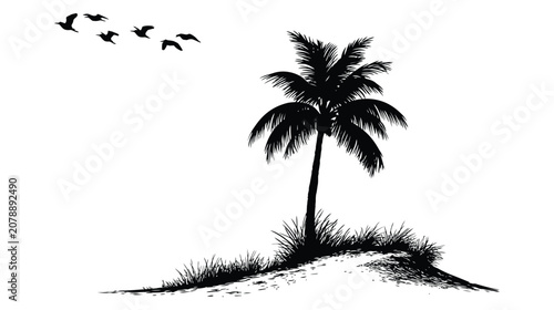 Palmtree drawing sketch island landscape with palmtree, landscape