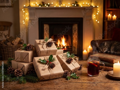 Christmas rustic gifts wrapped in brown paper on wooden table with cozy fireplace background