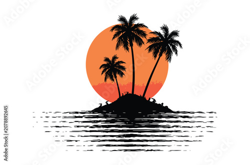 Palm vector icon showing island silhouette at sunset over ocean