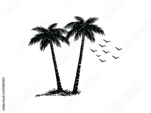 Palm vector sketch featuring red striped beach umbrella shading