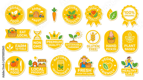 Organic Farm Fresh Food Labels and Badges: Vegan, Gluten Free, Non GMO, Healthy Lifestyle
