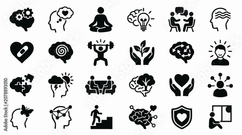 Slika na platnu Mental Health and Well-being Icons: Mind, Brain, Emotions, Growth, Support