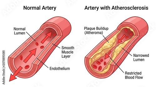 Medical illustration of normal artery anatomy versus atherosclerotic plaque