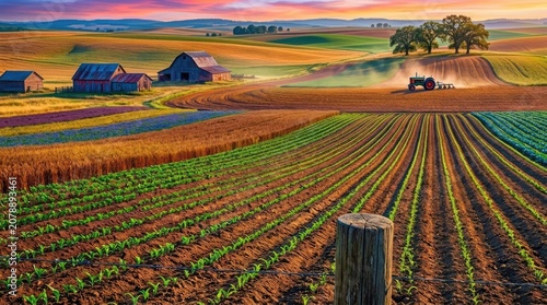 Vibrant farm landscape with tractor plowing fields at sunset rows of crops