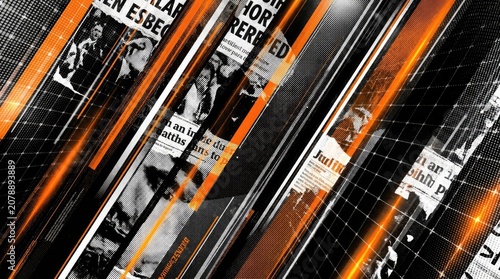 Abstract news background with newspaper headlines and digital grid overlay
