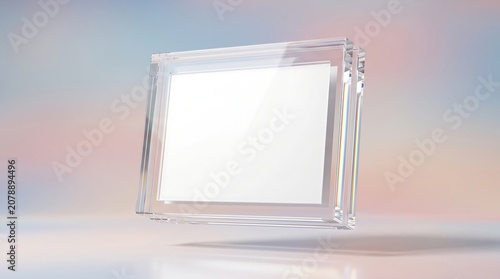 Glass frame floating in mid air against abstract soft pastel gradient background creating ethereal levitation effect for modern high end minimalist product display.