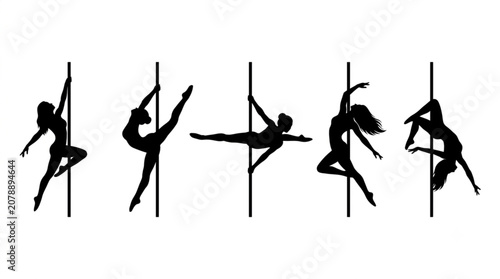 Canvastavla Pole Dance Silhouettes Set of Female Dancers Athletic Poses Isolated on White Ba