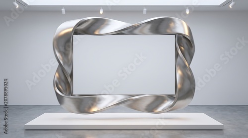Modern artistic floating frame made of brushed metallic material with flowing twisted ribbon curves suspended in clean white gallery interior with studio lighting.