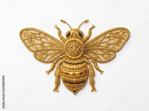 Intricate golden bee embroidery art isolated on white background
