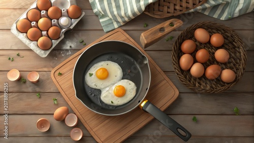 Fresh brown eggs in a frying pan with sunny sides up on a rustic wooden table