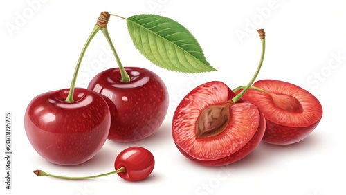Realistic vector icon set featuring red cherries and halved cherries with leaves for design projects