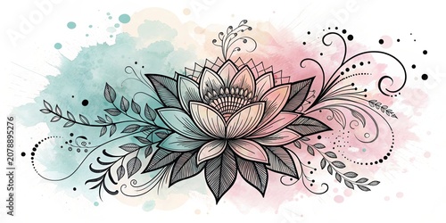 Floral design with ink splash background in soft colors captures organic beauty and artistic expression