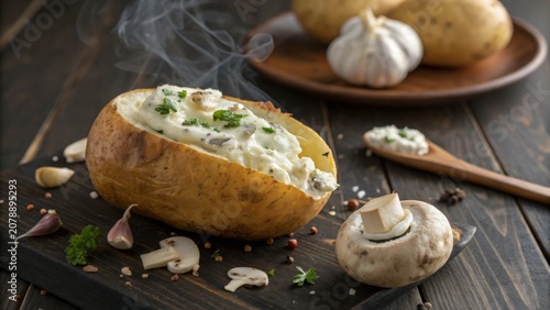 Baked potato roll filled with cottage cheese and herbs served on rustic wooden table in cozy kitchen setting