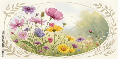 Colorful meadow flowers arranged in a circular frame capture the beauty of nature in a serene landscape during springtime