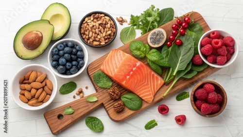Healthy anti-inflammatory foods spread on a wooden cutting board with fresh fruits and vegetables