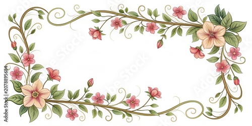 Elegant flower vine frame design showcasing delicate blossoms and lush green leaves in a harmonious arrangement