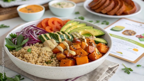 Delicious vegan buddha bowl featuring quinoa, roasted pumpkin, and fresh vegetables for a healthy meal option