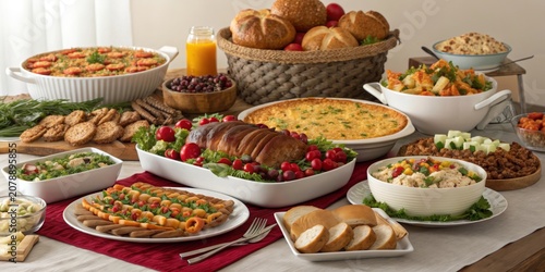 Holiday potluck table filled with diverse dishes and tasty treats for a festive gathering during the winter season