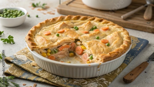 Homemade salmon pot pie with carrots and corn, perfect for a cozy dinner on a chilly evening
