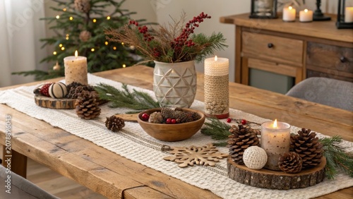 Rustic holiday decorations on a wooden table with candles, pinecones, and natural elements set for celebration