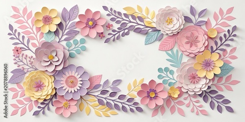 Creative paper cut floral frame with layered designs in pastel colors displayed on a neutral background