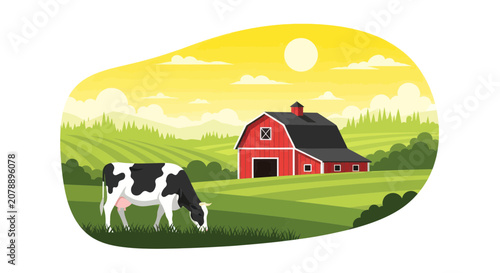 Spotted cow grazing in green fields near a classic red farm barn