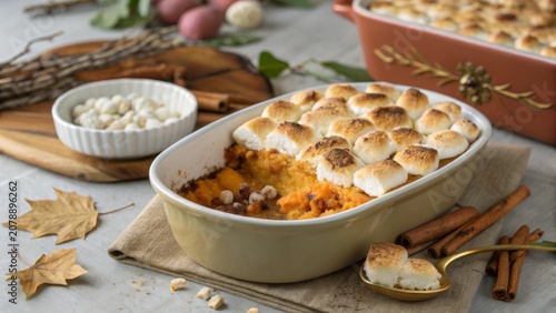 Sweet potato casserole with marshmallows served in a rustic kitchen setting for a cozy gathering
