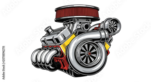 Foto Powerful custom car engine with turbocharger and chrome accents