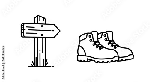 Directional signpost and hiking boot black line silhouette